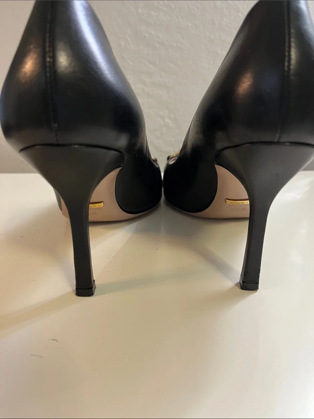 Gucci Black Leather Peep-Toe Pumps with Gold Horsebit